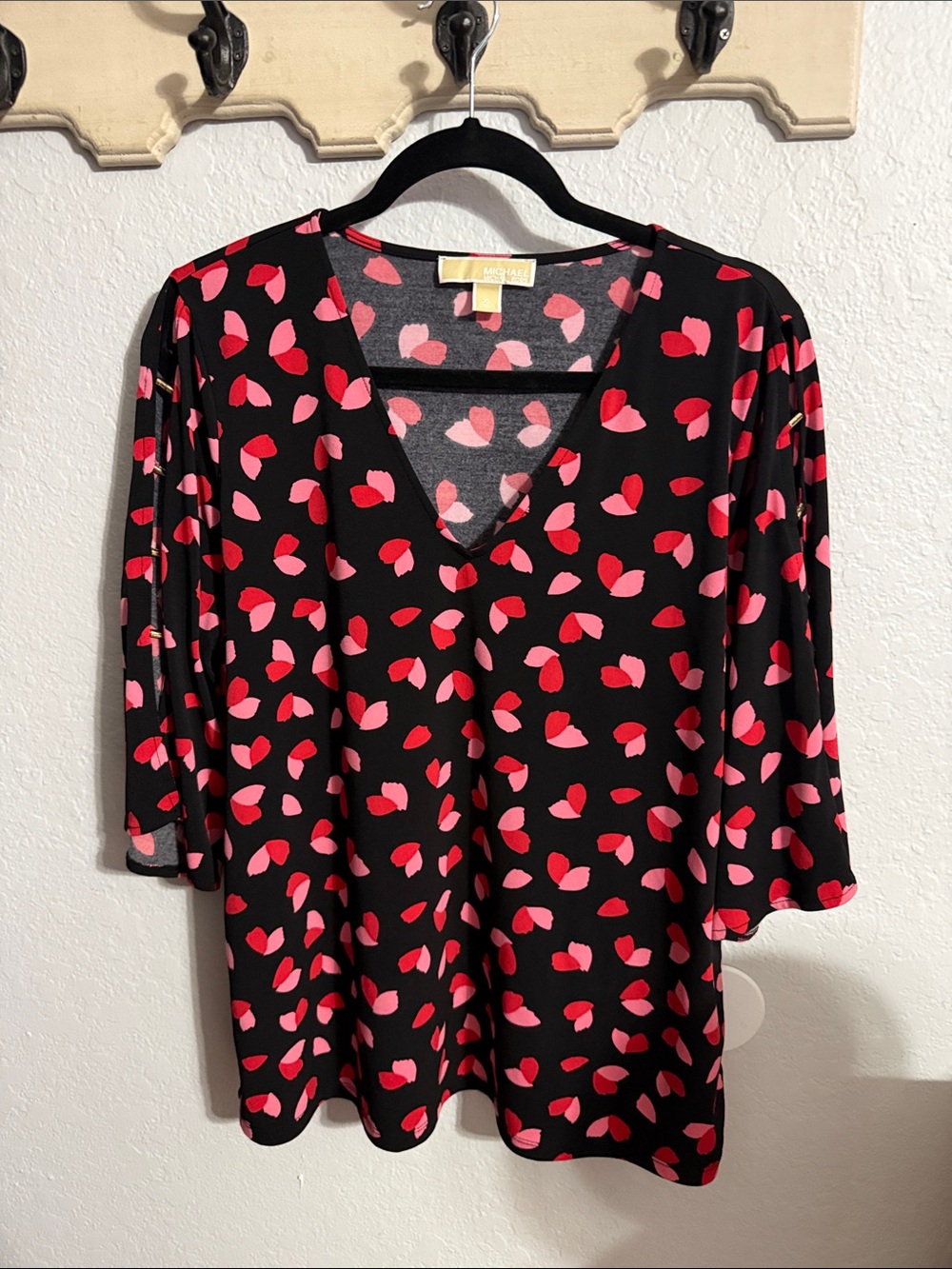 Michael Kors Black V-Neck Blouse with Red & Pink Petal Print